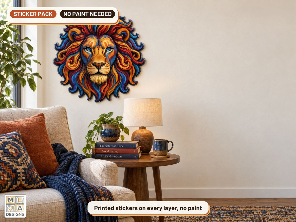 Swirl Lion Head Sign sticker pack: the piece colored with the stickers, in a room