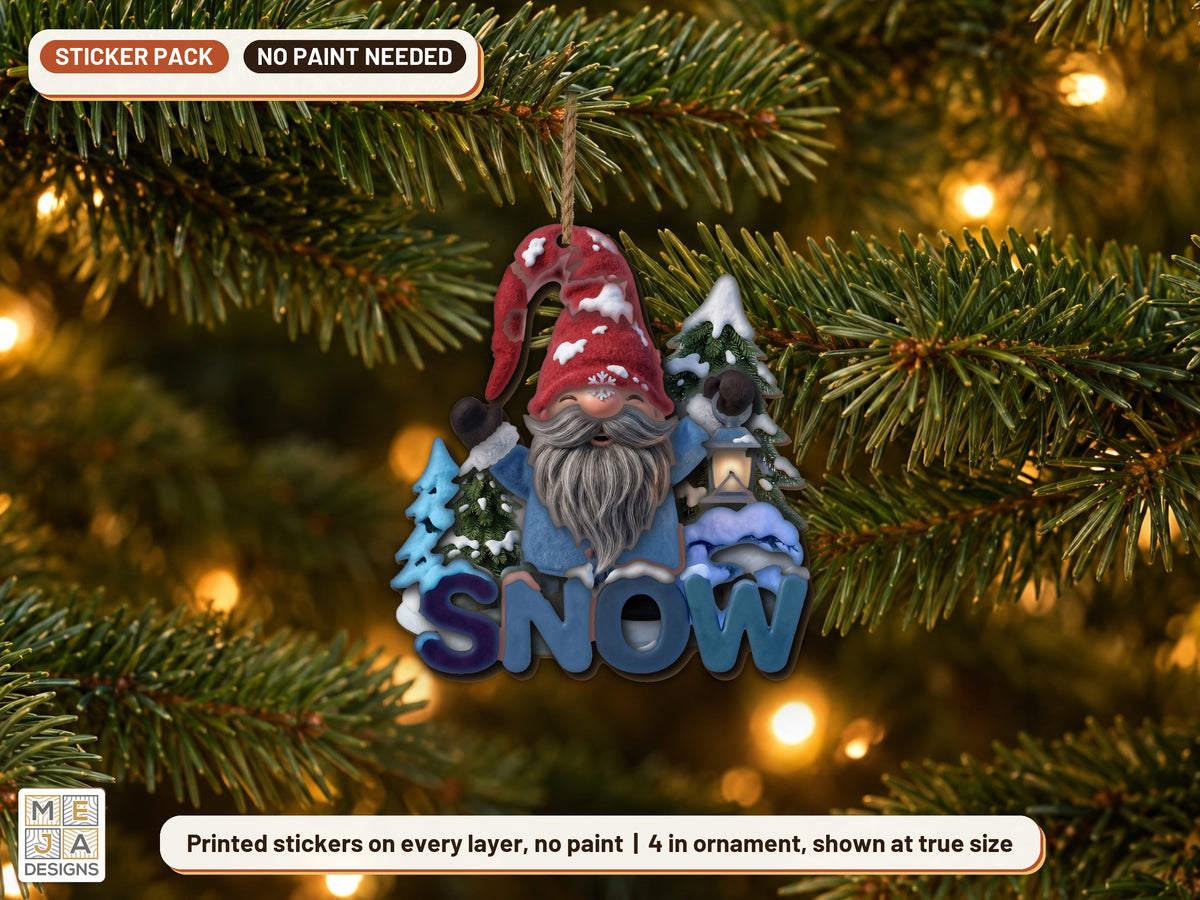 Let It Snow Gnome Ornament sticker pack: the piece colored with the stickers, in a room