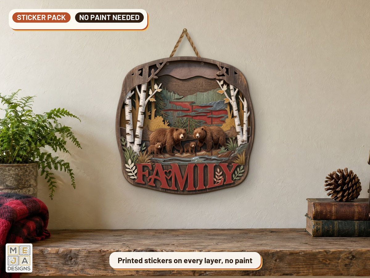 Rustic Bear Family Sign sticker pack: the piece colored with the stickers, in a room