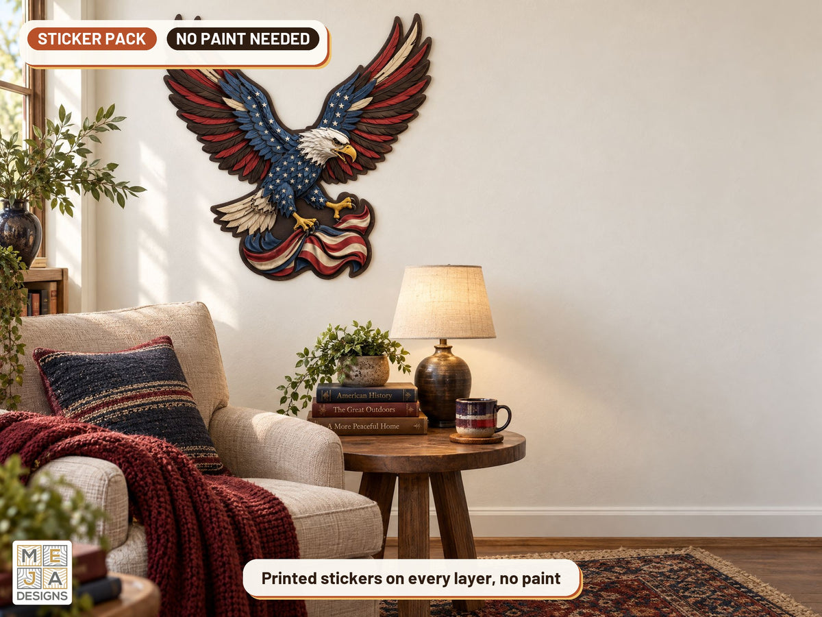 Patriotic Bald Eagle Sign sticker pack: the piece colored with the stickers, in a room