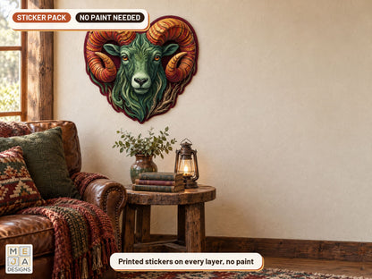 Swirl Ram Head Sign sticker pack: the piece colored with the stickers, in a room