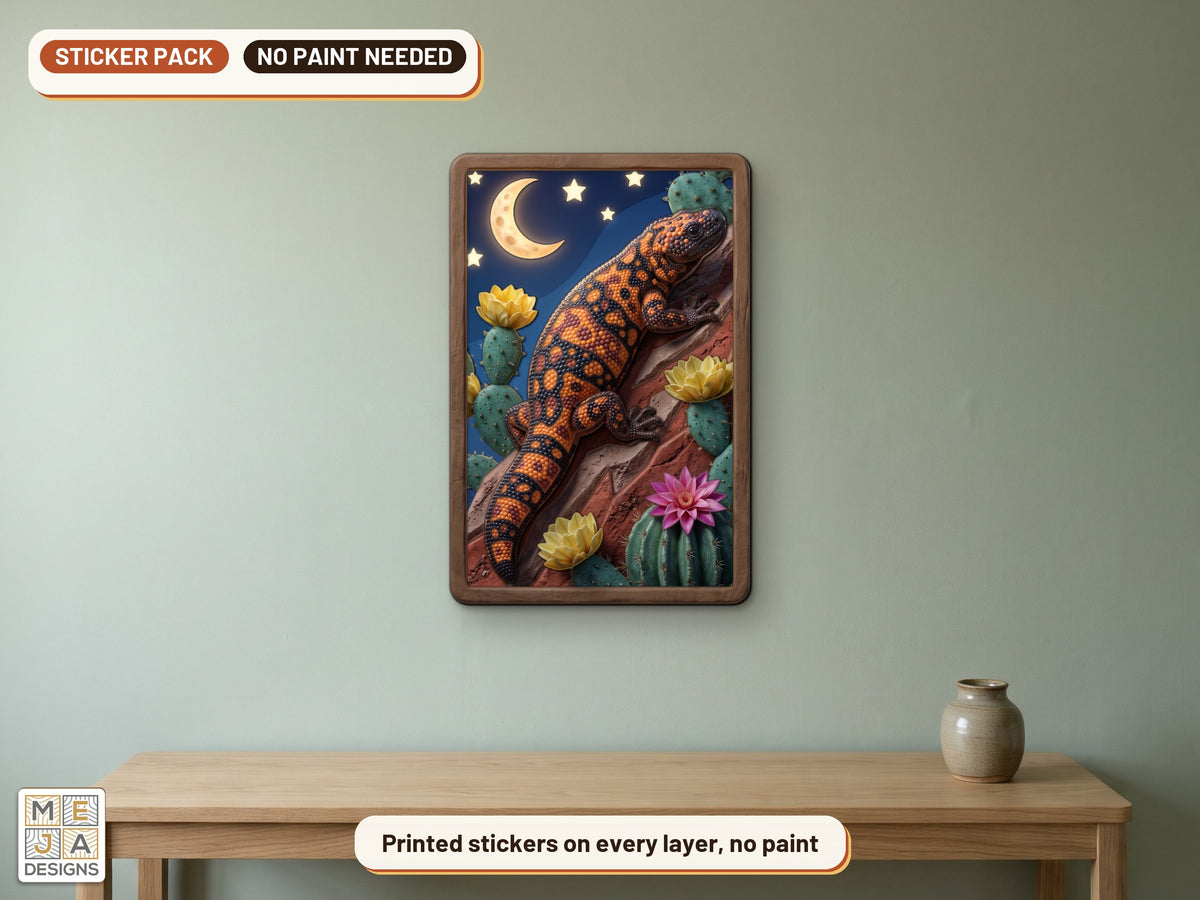 Gila Monster Desert Bloom sticker pack: the piece colored with the stickers, in a room