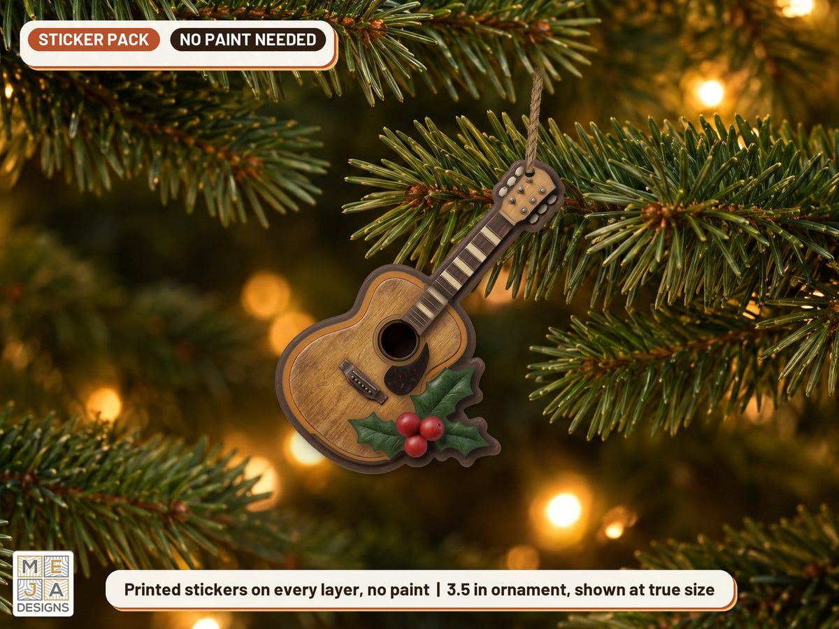 Acoustic Guitar Holly Ornament sticker pack: the piece colored with the stickers, in a room