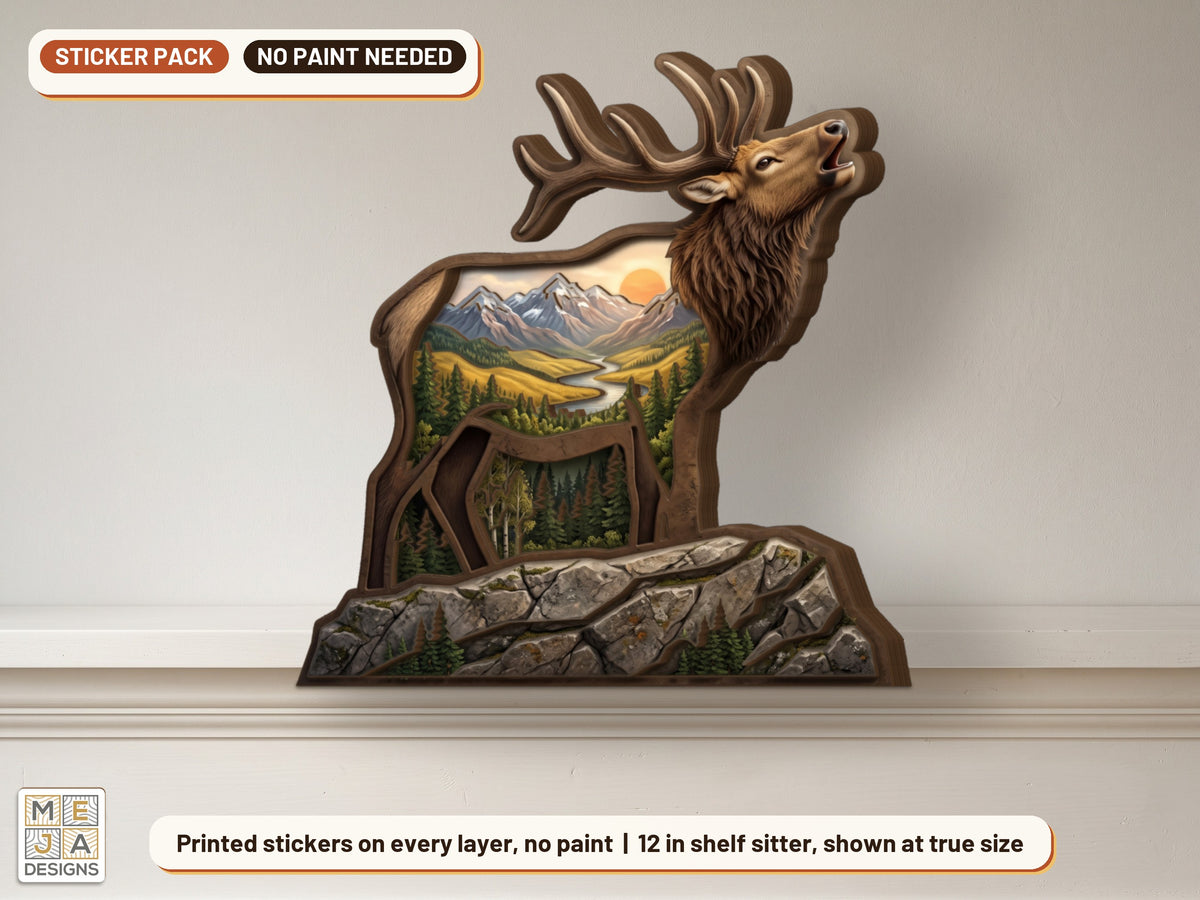 Bugling Elk Shelf Sitter sticker pack: the piece colored with the stickers, in a room