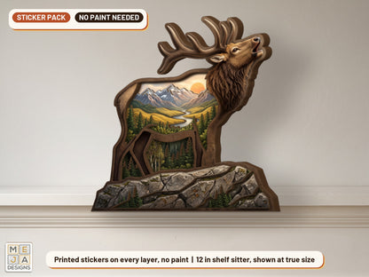 Bugling Elk Shelf Sitter sticker pack: the piece colored with the stickers, in a room