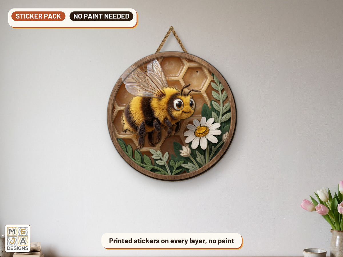 Honeycomb Bee Hanger sticker pack: the piece colored with the stickers, in a room