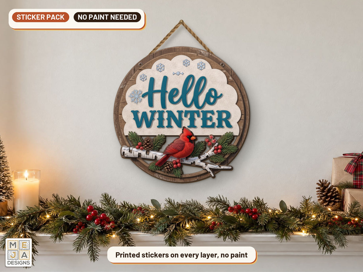 Hello Winter Cardinal Sign sticker pack: the piece colored with the stickers, in a room