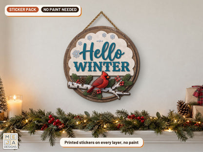 Hello Winter Cardinal Sign sticker pack: the piece colored with the stickers, in a room