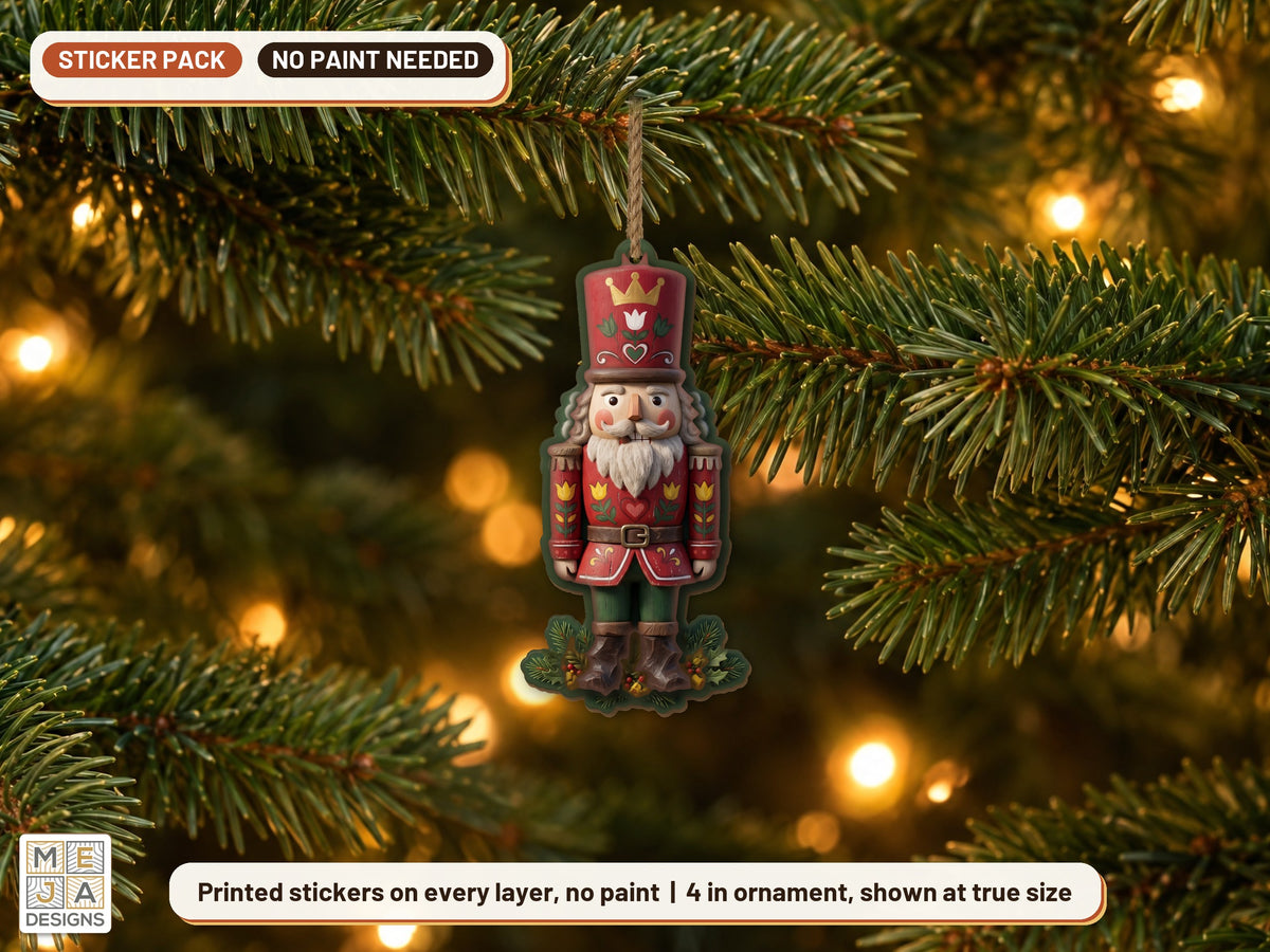 Folk Art Nutcracker Ornament sticker pack: the piece colored with the stickers, in a room