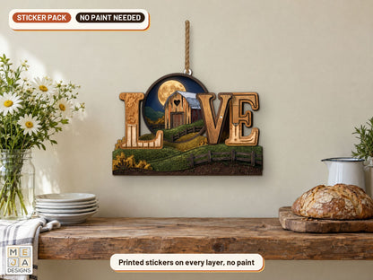 Rustic Barn LOVE Sign sticker pack: the piece colored with the stickers, in a room