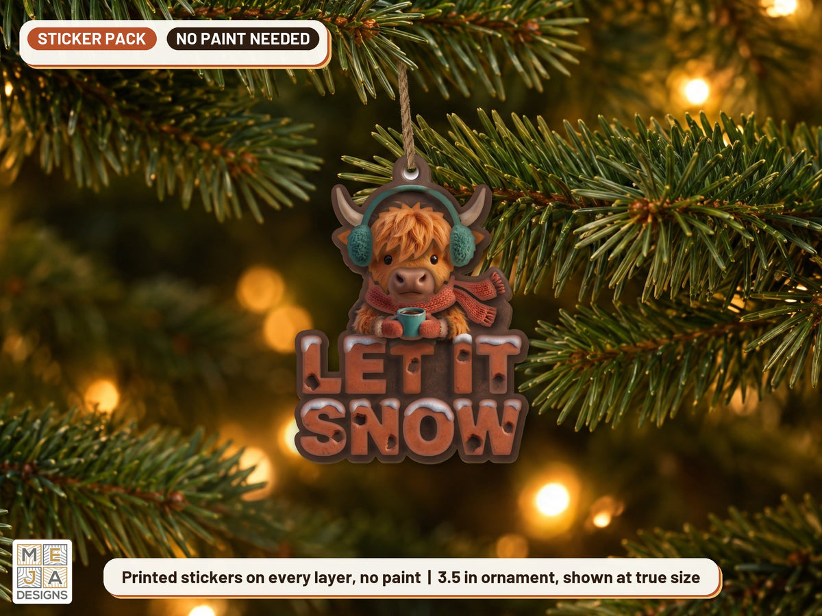 Highland Cow Let It Snow Ornament sticker pack: the piece colored with the stickers, in a room