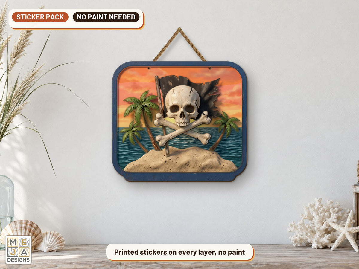 Jolly Roger Island Sign sticker pack: the piece colored with the stickers, in a room
