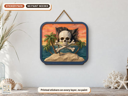 Jolly Roger Island Sign sticker pack: the piece colored with the stickers, in a room