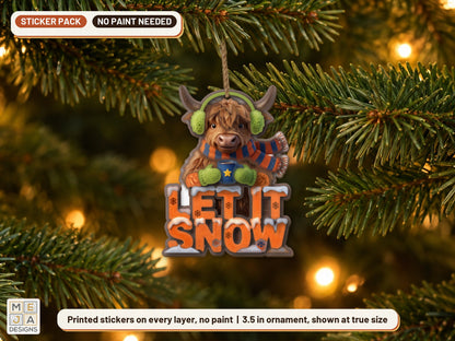 Highland Cow Let It Snow Ornament sticker pack: the piece colored with the stickers, in a room
