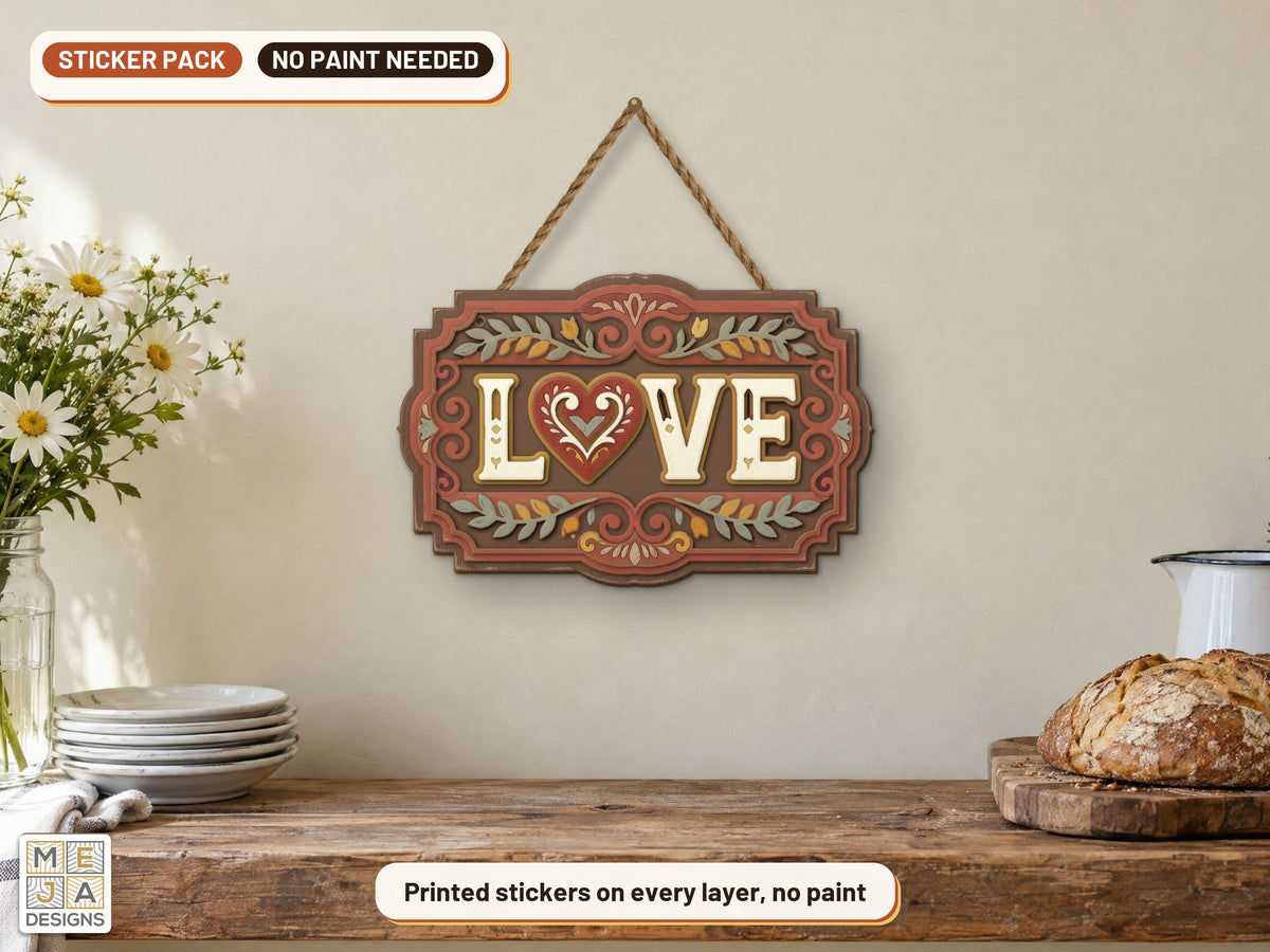 Rustic Folk LOVE Sign sticker pack: the piece colored with the stickers, in a room