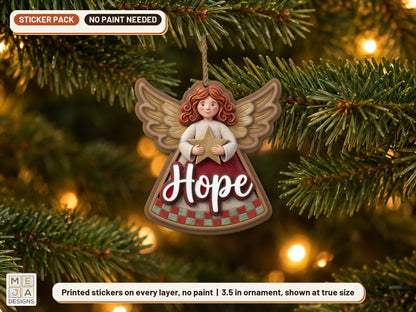 Rustic Hope Angel Ornament sticker pack: the piece colored with the stickers, in a room