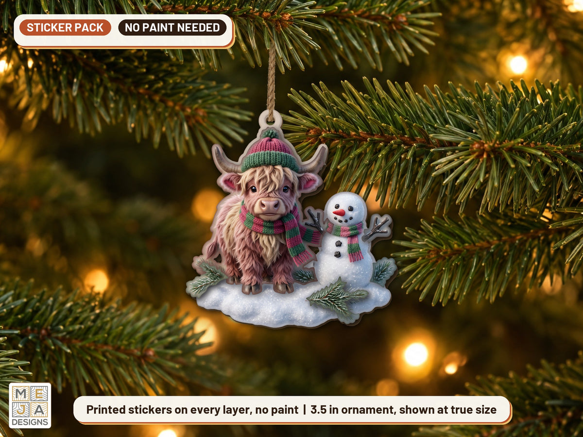 Highland Cow Snowman Ornament sticker pack: the piece colored with the stickers, in a room