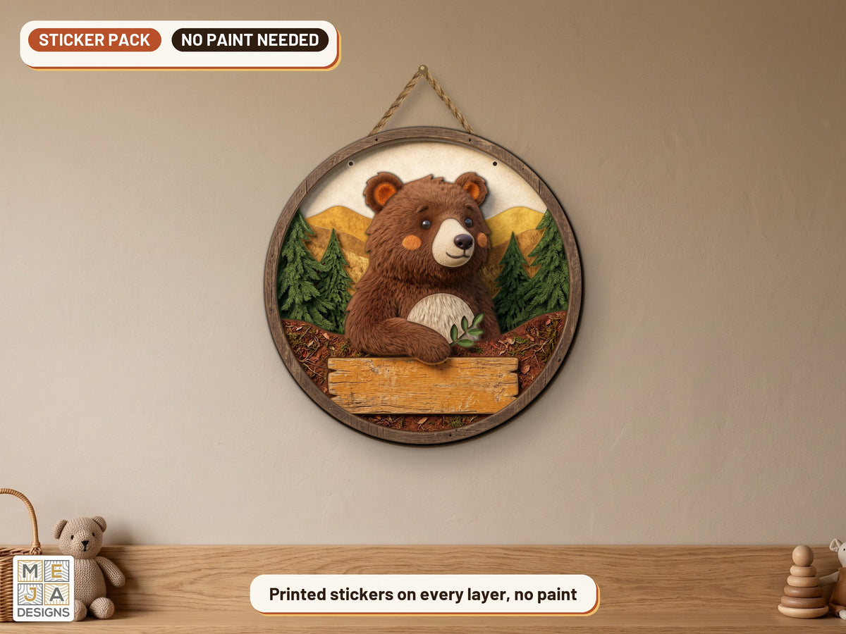 Woodland Bear Friend Hello Sign sticker pack: the piece colored with the stickers, in a room