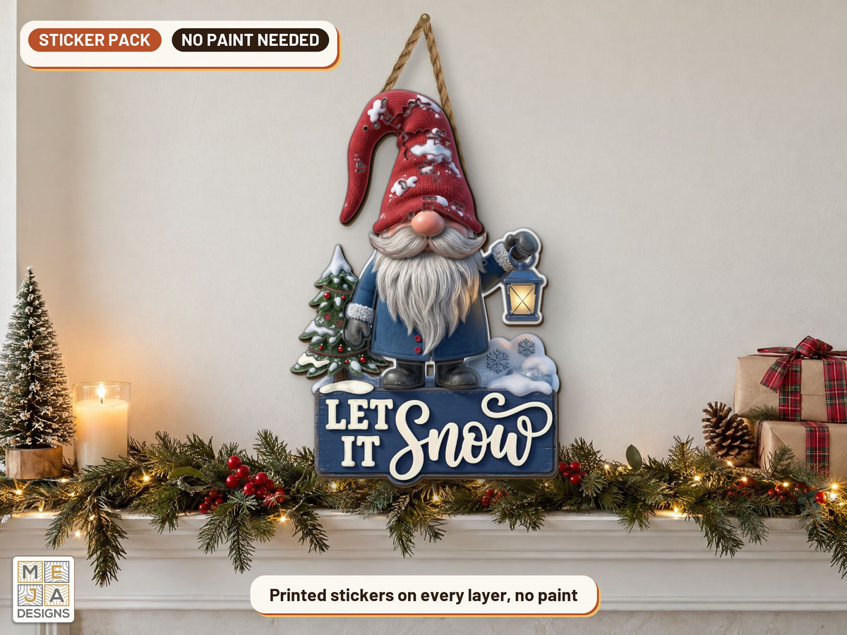 Let It Snow Gnome sticker pack: the piece colored with the stickers, in a room