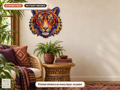 Swirl Tiger Head Sign sticker pack: the piece colored with the stickers, in a room