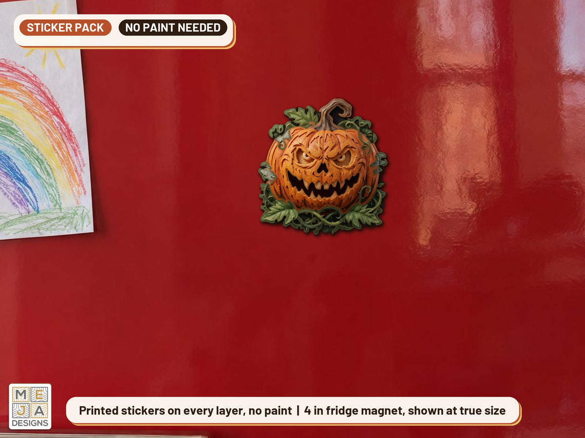 Vine Wreath Jack-O'-Lantern Magnet sticker pack: the piece colored with the stickers, in a room