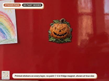 Vine Wreath Jack-O'-Lantern Magnet sticker pack: the piece colored with the stickers, in a room