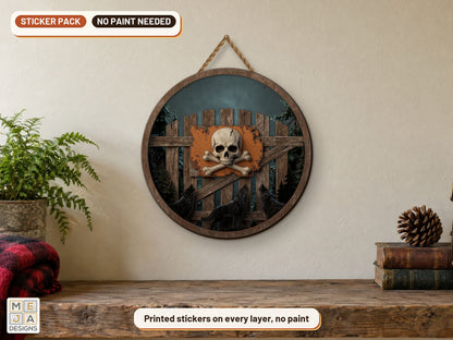 Skull Crossbones Wolf Gate sticker pack: the piece colored with the stickers, in a room
