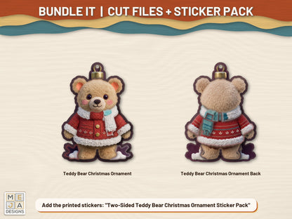 Two-Sided Teddy Bear Christmas Ornament laser cut file: colored with its matching sticker pack