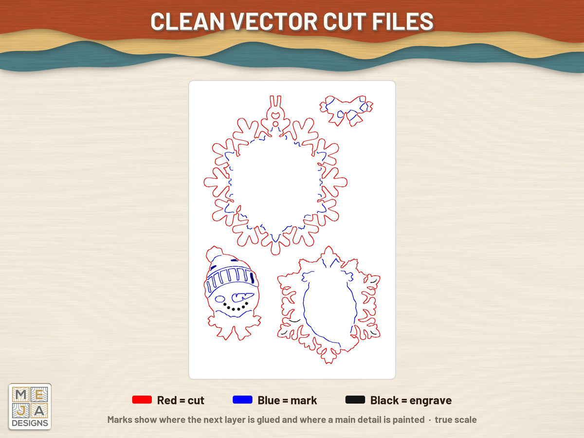 Snowman Snowflake Ornament laser cut file: the cut file, every layer