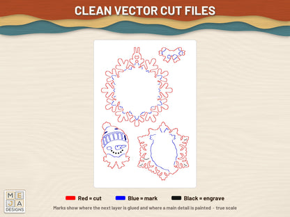 Snowman Snowflake Ornament laser cut file: the cut file, every layer