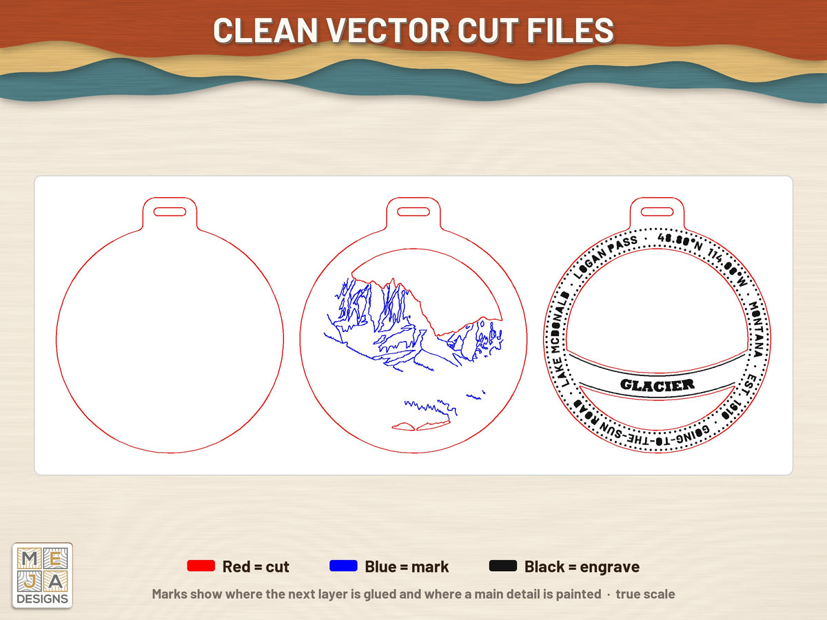 Glacier National Park Ornament laser cut file: the cut file, every layer