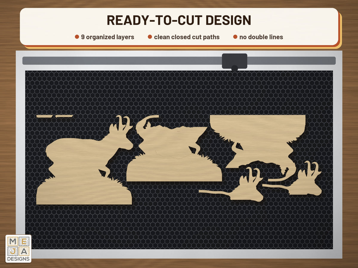 Pronghorn Prairie Window Sitter laser cut file: the cut file on a laser bed