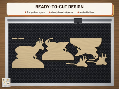 Pronghorn Prairie Window Sitter laser cut file: the cut file on a laser bed
