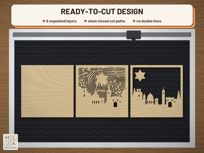Star of David over Jerusalem Layered Scene laser cut file: the cut file on a laser bed