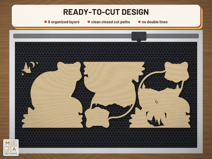 Raccoon Creek Shelf Sitter laser cut file: the cut file on a laser bed