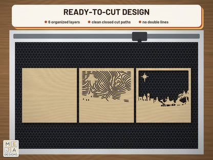 Three Wise Men Layered Scene laser cut file: the cut file on a laser bed