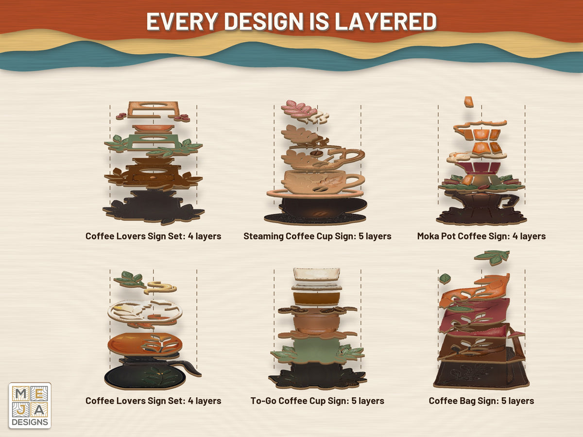 Coffee Lover's Layered Sign Set laser cut file: its layers stacked, seen in 3D