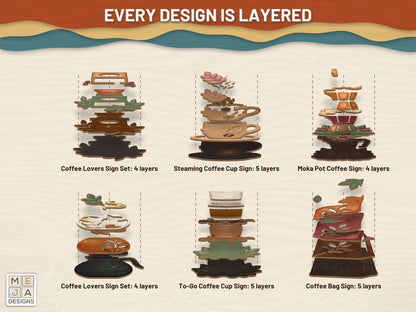 Coffee Lover's Layered Sign Set laser cut file: its layers stacked, seen in 3D