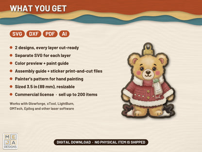 Two-Sided Teddy Bear Christmas Ornament laser cut file: what the download holds