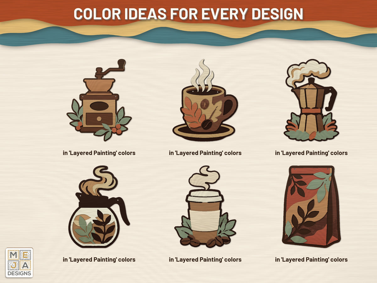 Coffee Lover's Layered Sign Set laser cut file: color ideas for painting it