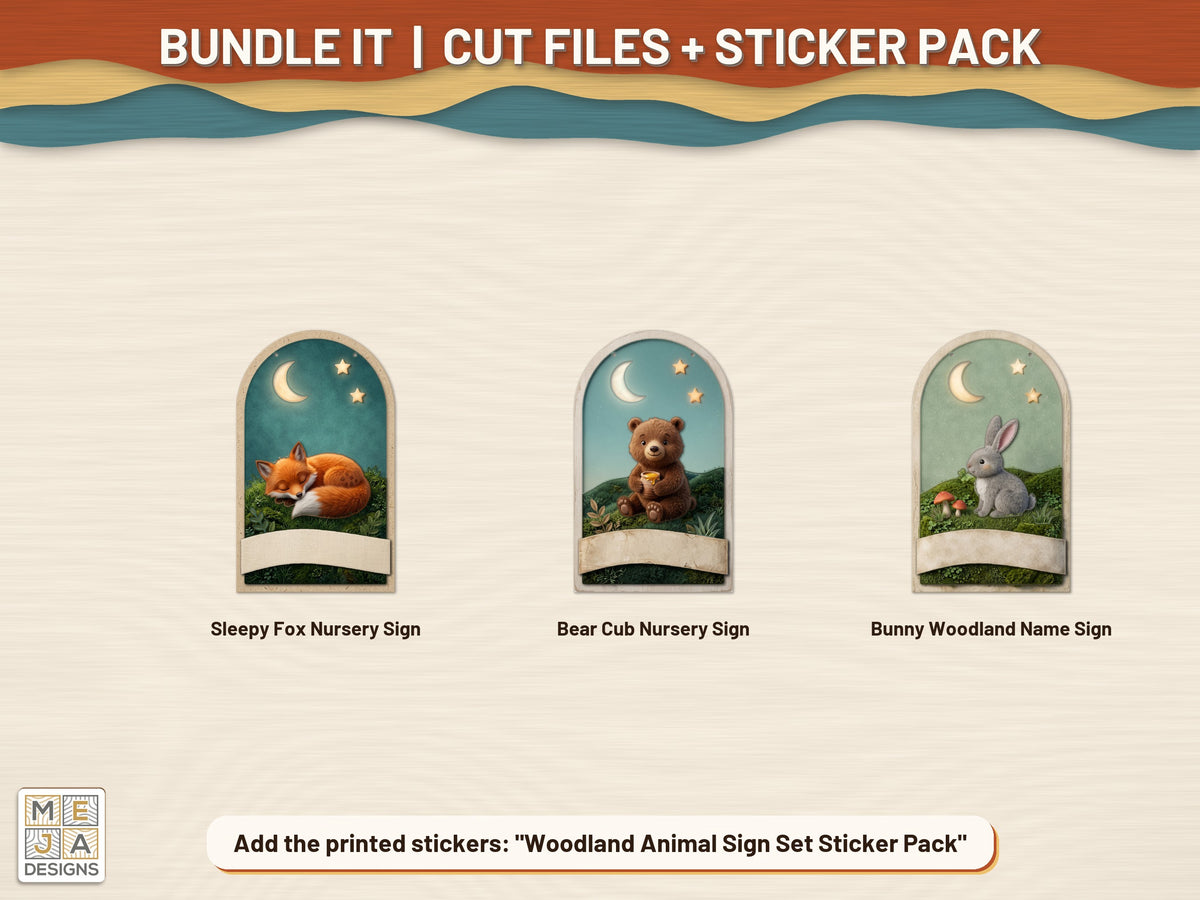 Woodland Animal Sign Set laser cut file: colored with its matching sticker pack