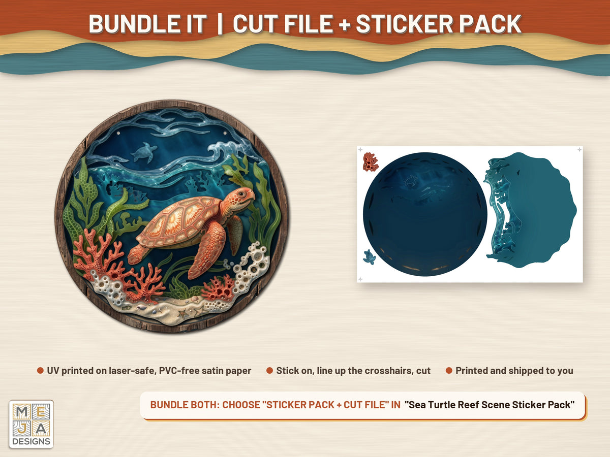 Sea Turtle Reef Scene laser cut file: colored with its matching sticker pack