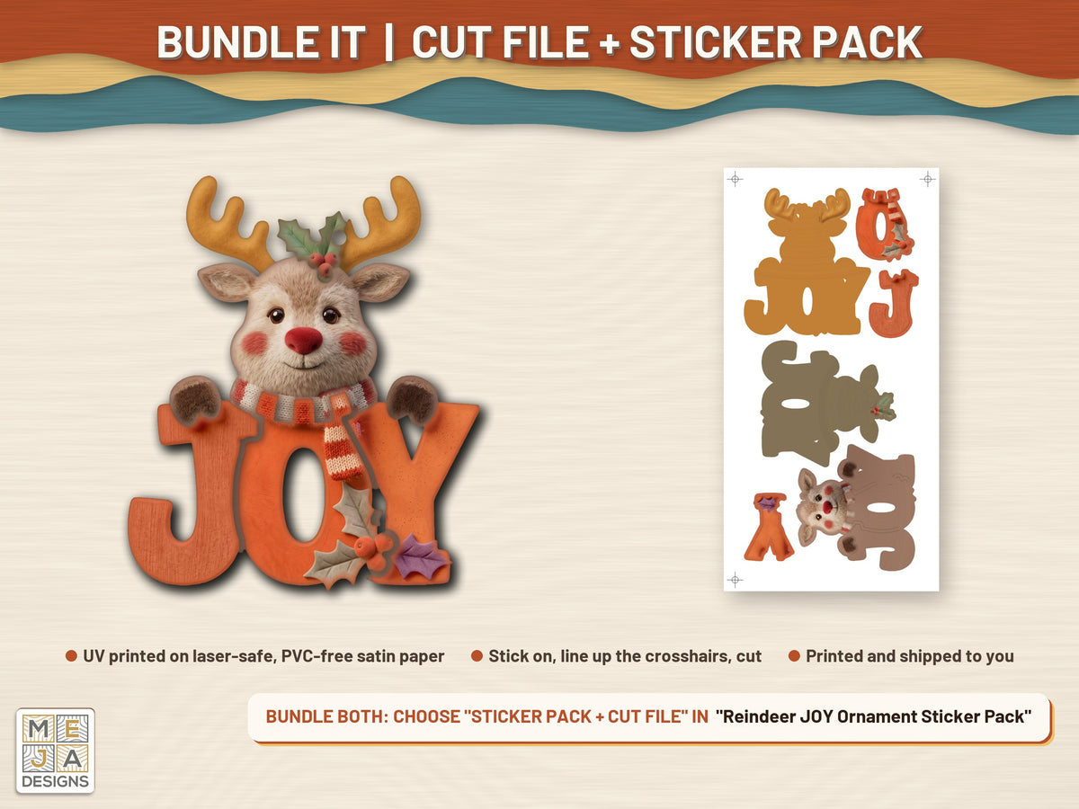 Reindeer JOY Ornament laser cut file: colored with its matching sticker pack