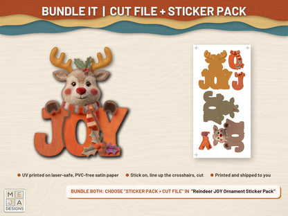 Reindeer JOY Ornament laser cut file: colored with its matching sticker pack