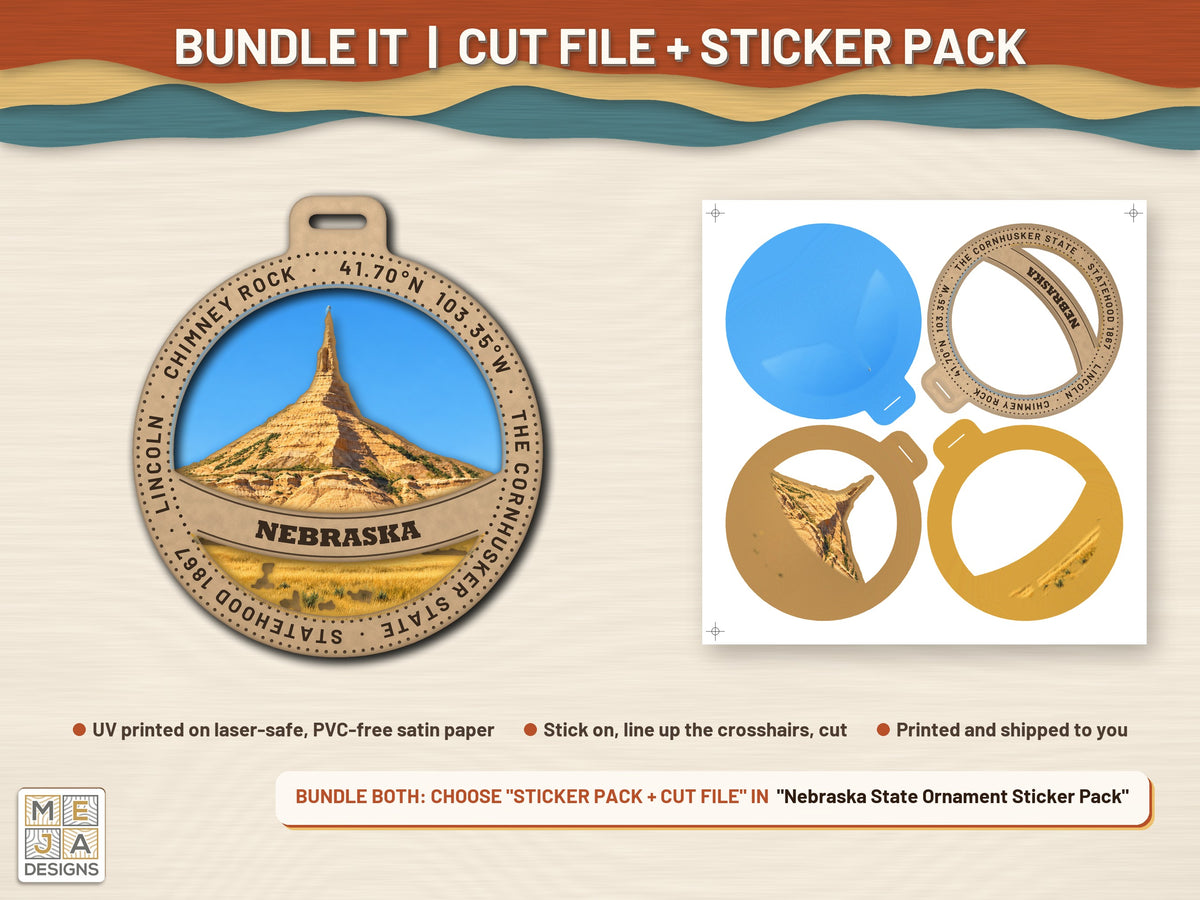 Nebraska State Ornament laser cut file: colored with its matching sticker pack