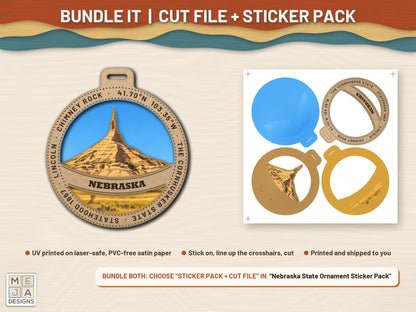 Nebraska State Ornament laser cut file: colored with its matching sticker pack