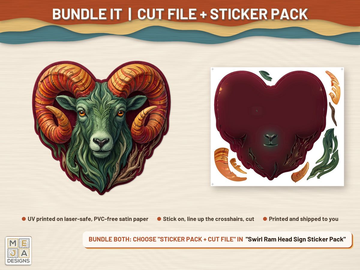 Swirl Ram Head Sign laser cut file: colored with its matching sticker pack