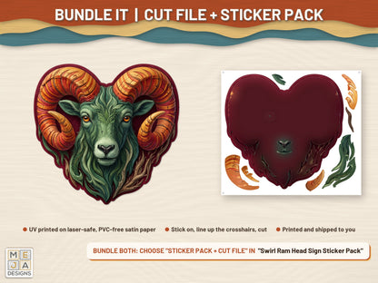 Swirl Ram Head Sign laser cut file: colored with its matching sticker pack