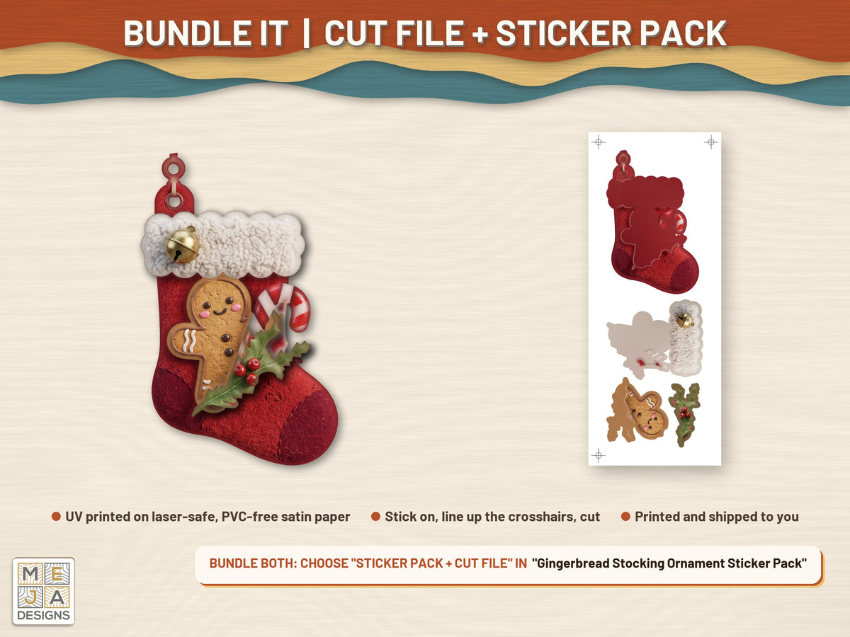 Gingerbread Stocking Ornament laser cut file: colored with its matching sticker pack