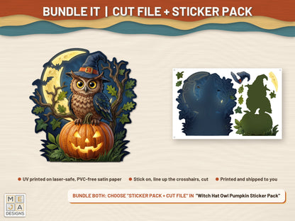 Witch Hat Owl Pumpkin laser cut file: colored with its matching sticker pack